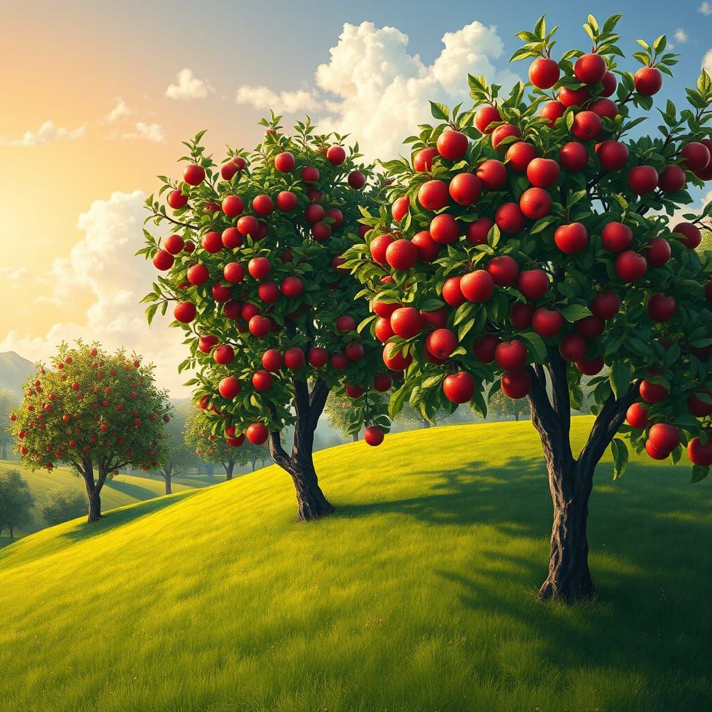 Whimsical Lush Hillside with Apple Trees in Warm Sunlight
