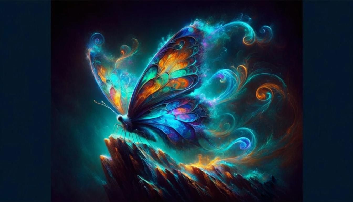 Iridescent Butterfly on Jagged Rock with Stained Glass Wings
