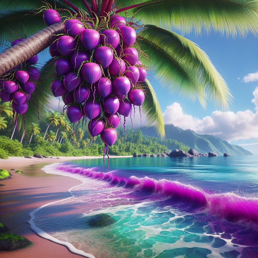 Purple Coconuts on Green Tree: Fantasy Concept Art