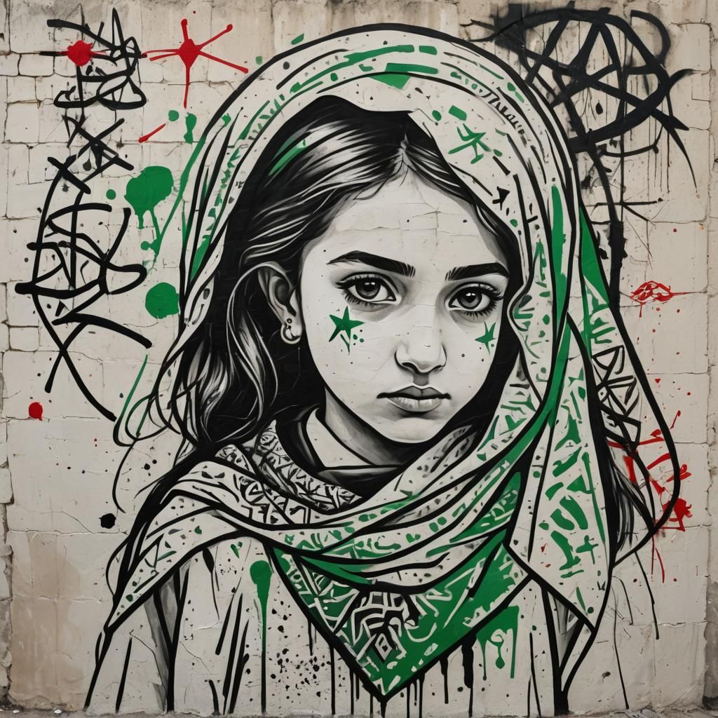 Palestinian Girl Drawing Defiant Graffiti Mural