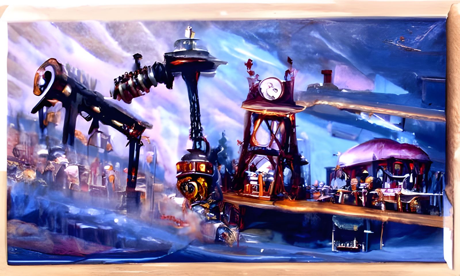 Steampunk Coffeehouse in Pacific Northwest, Oil Painting