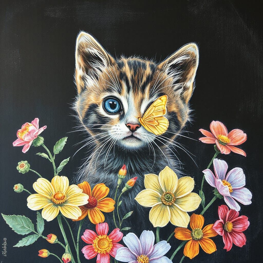 Whimsical Chalk Portrait of a Kitten with a Butterfly