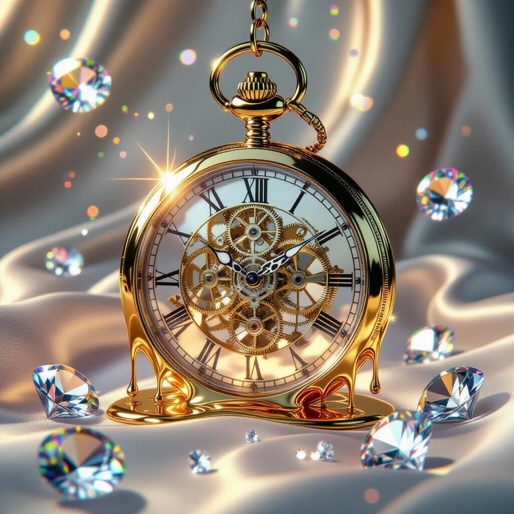 Melting Pocket Watch Over Fractal Diamonds in Photorealistic...