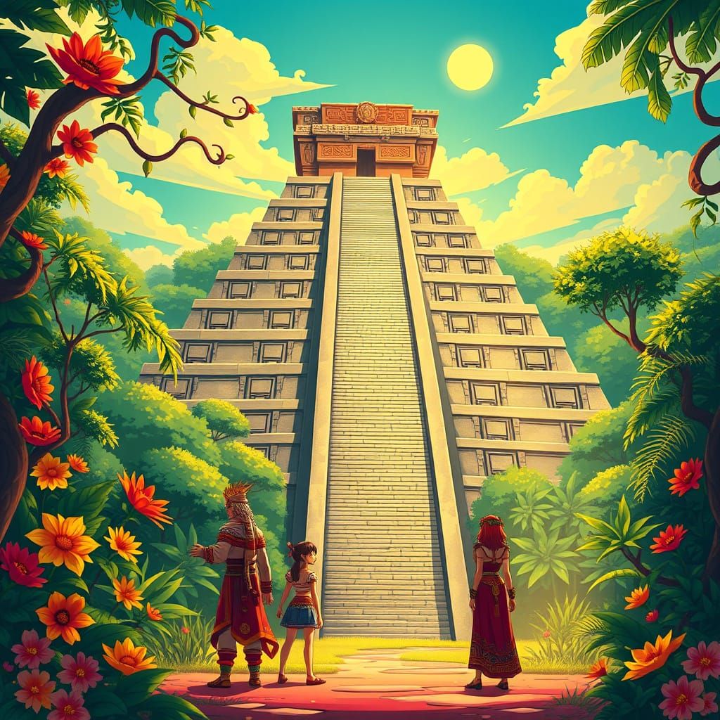 Majestic Anime-Style Aztec Pyramid in Lush Jungle