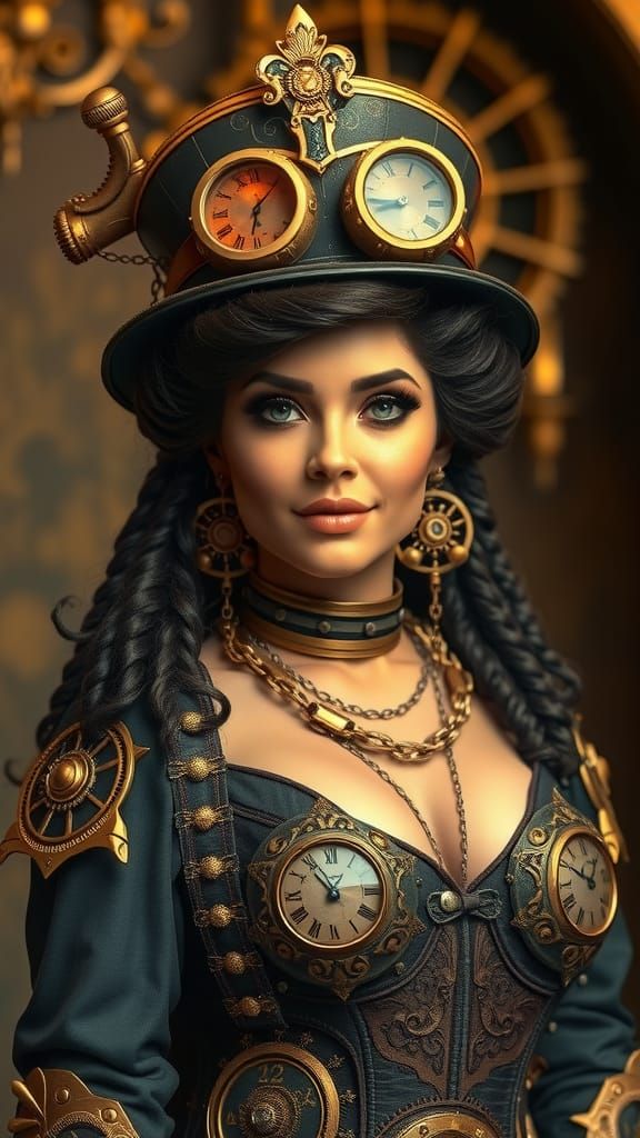 Steampunk Goddess with Ornate Brass Goggles and Hat