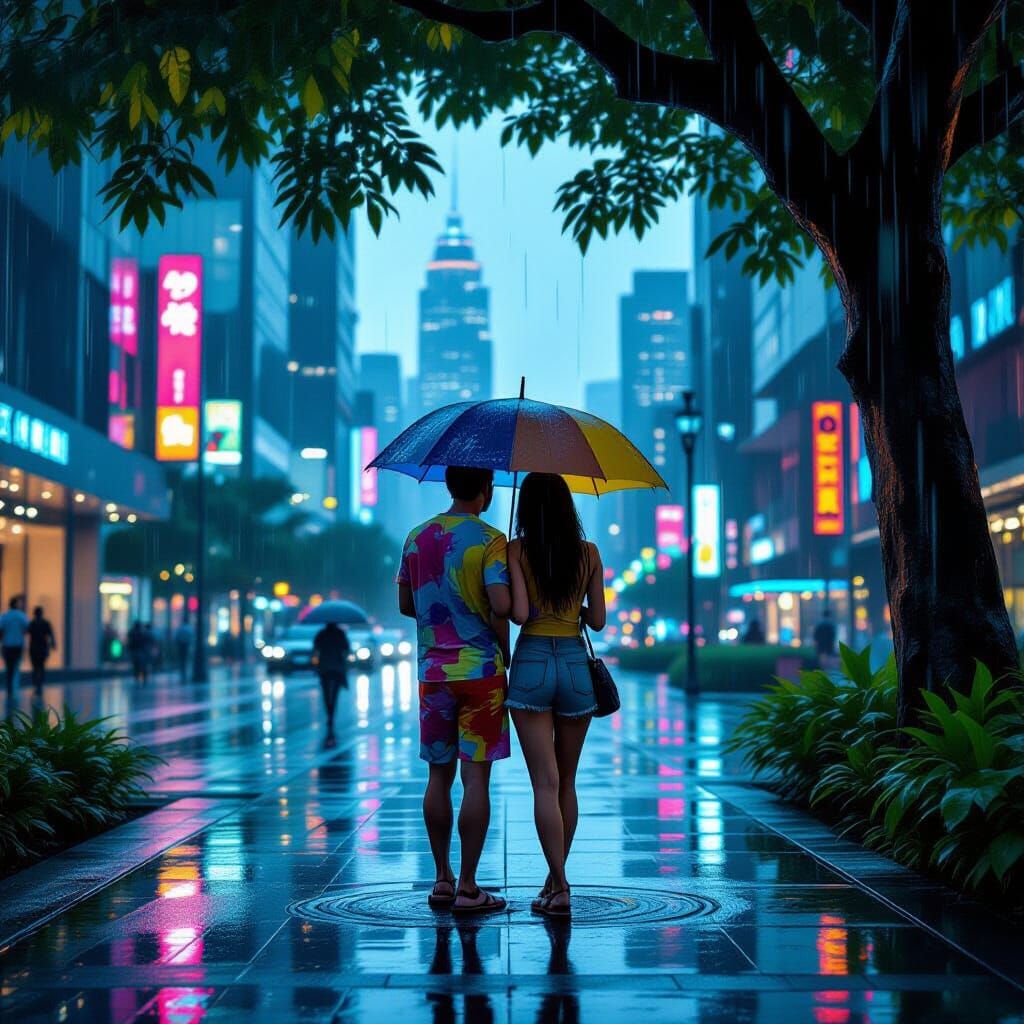 Couple in Rainy City, Neon Synthwave Style