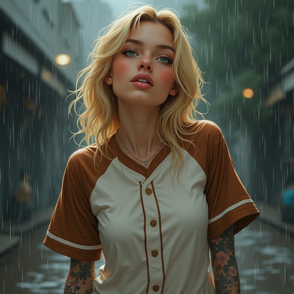 Joyful Blonde Woman in Rainstorm, Photorealistic Style