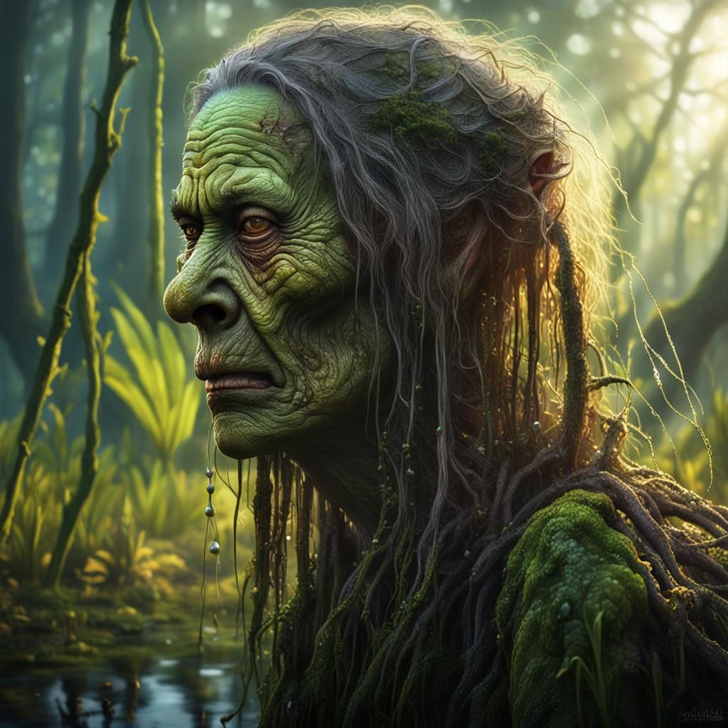 Photorealistic Swamp Hag Corpse in Forest Sunlight