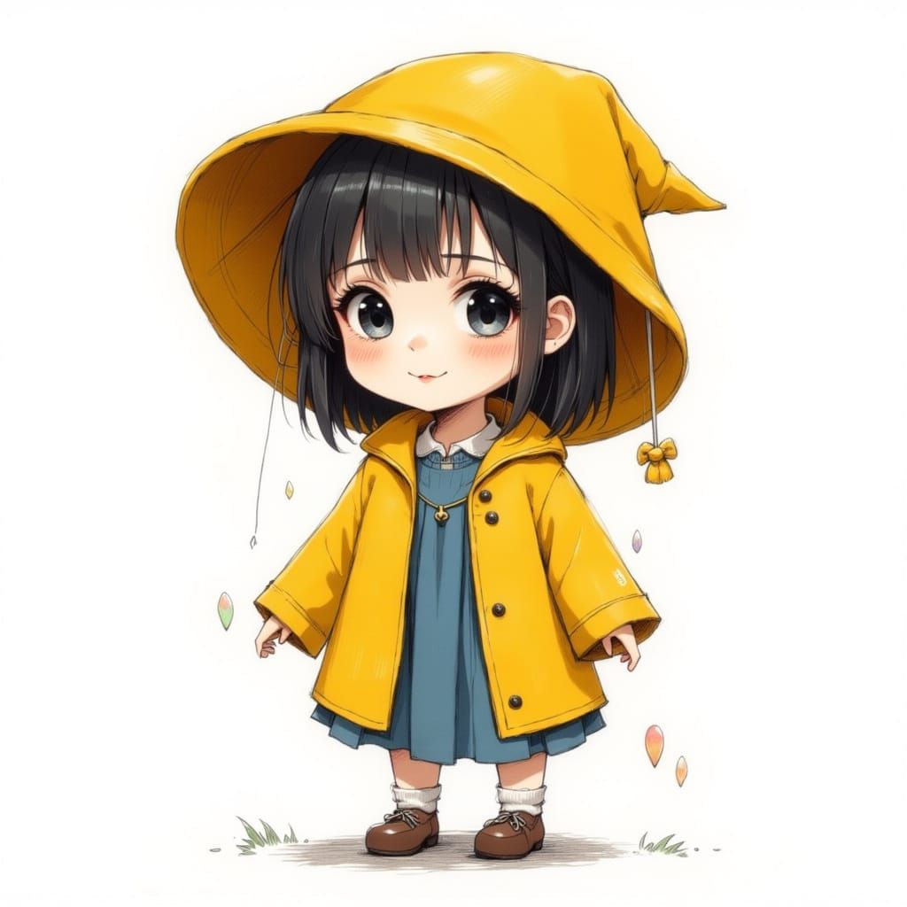 Chibi Girl in Yellow Raincoat, Minimalist Anime Style