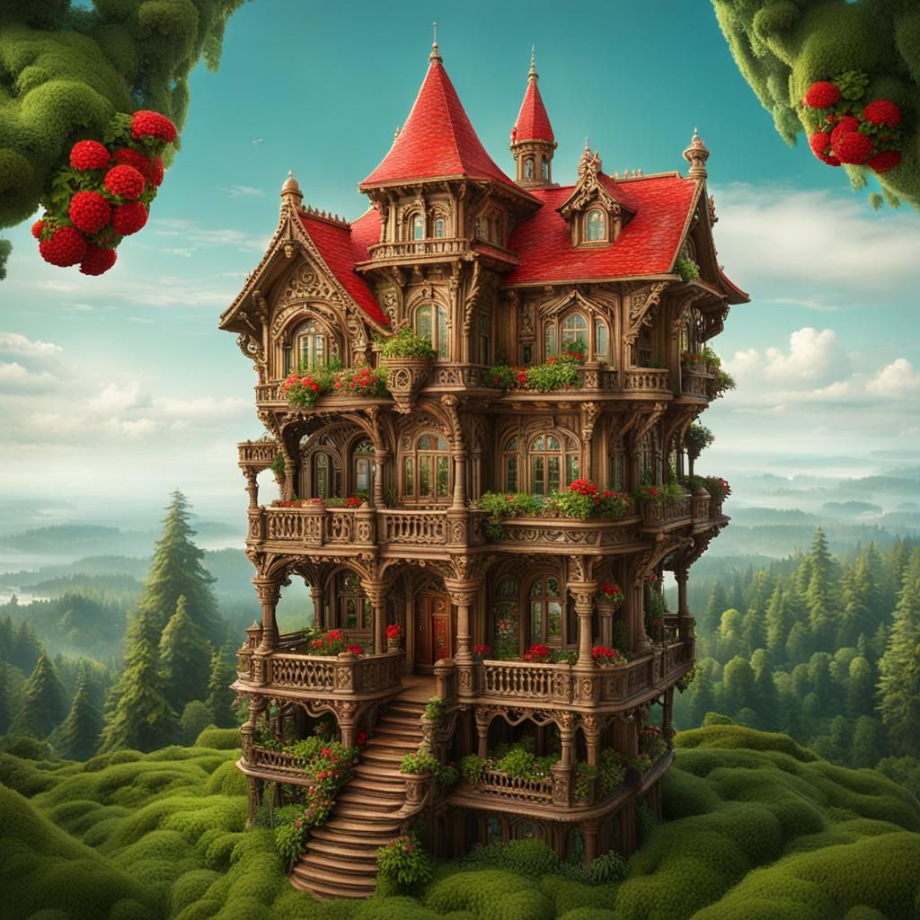 Fantasy Flying Victorian House Over Forest at Sunset