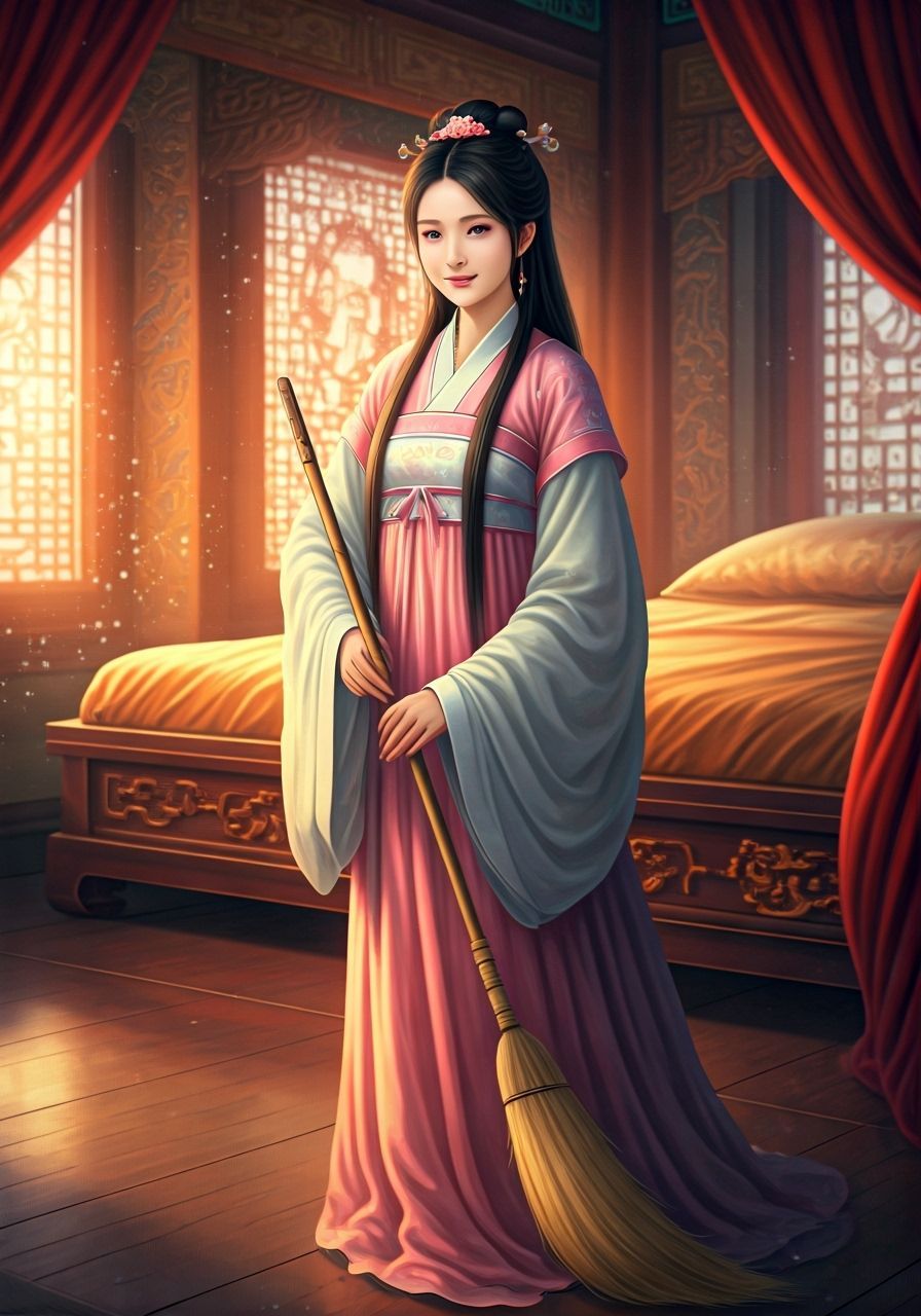 Ancient Chinese Girl Sweeping Palace in Ethereal Style
