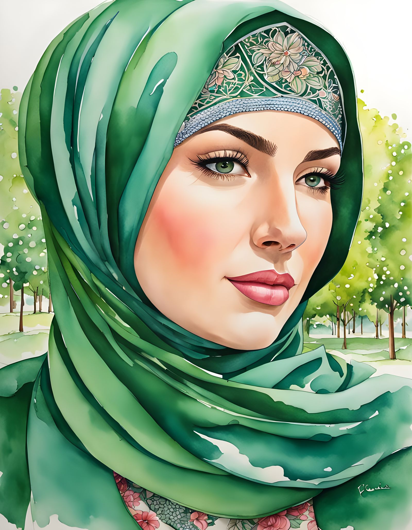 Portrait of a Beautiful Hijabi Woman in a Green Watercolor G...