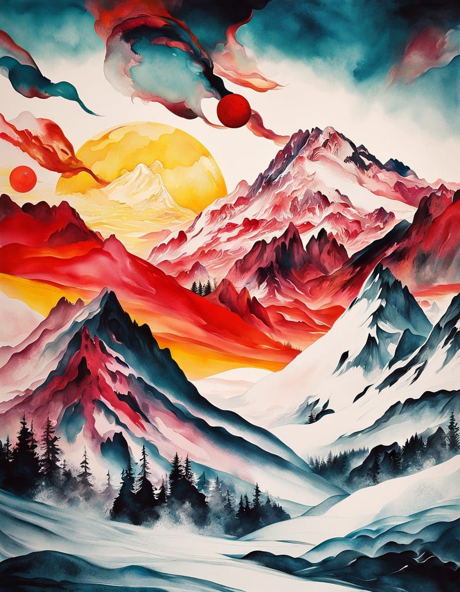 Crimson Tempest Sunset Over Mountains in Ink