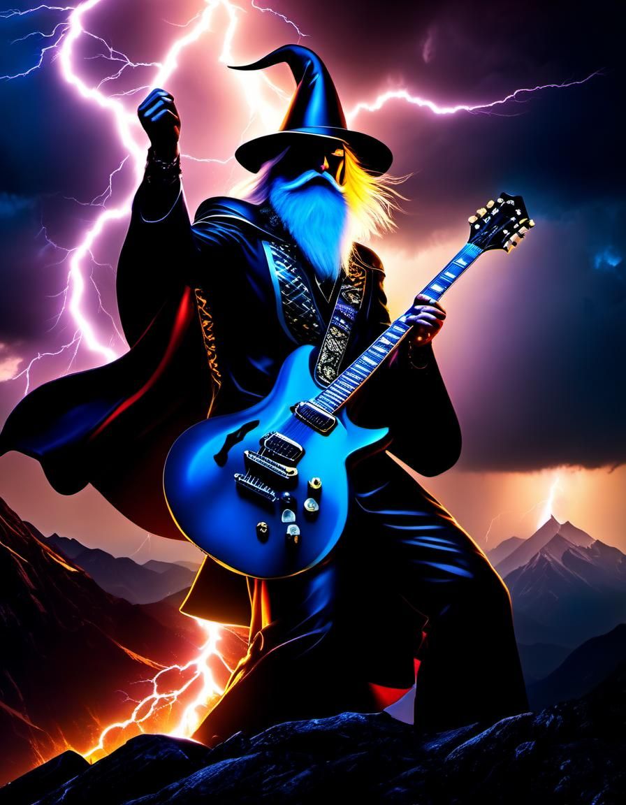 Guitar Wizard on Mountain in Lightning Storm