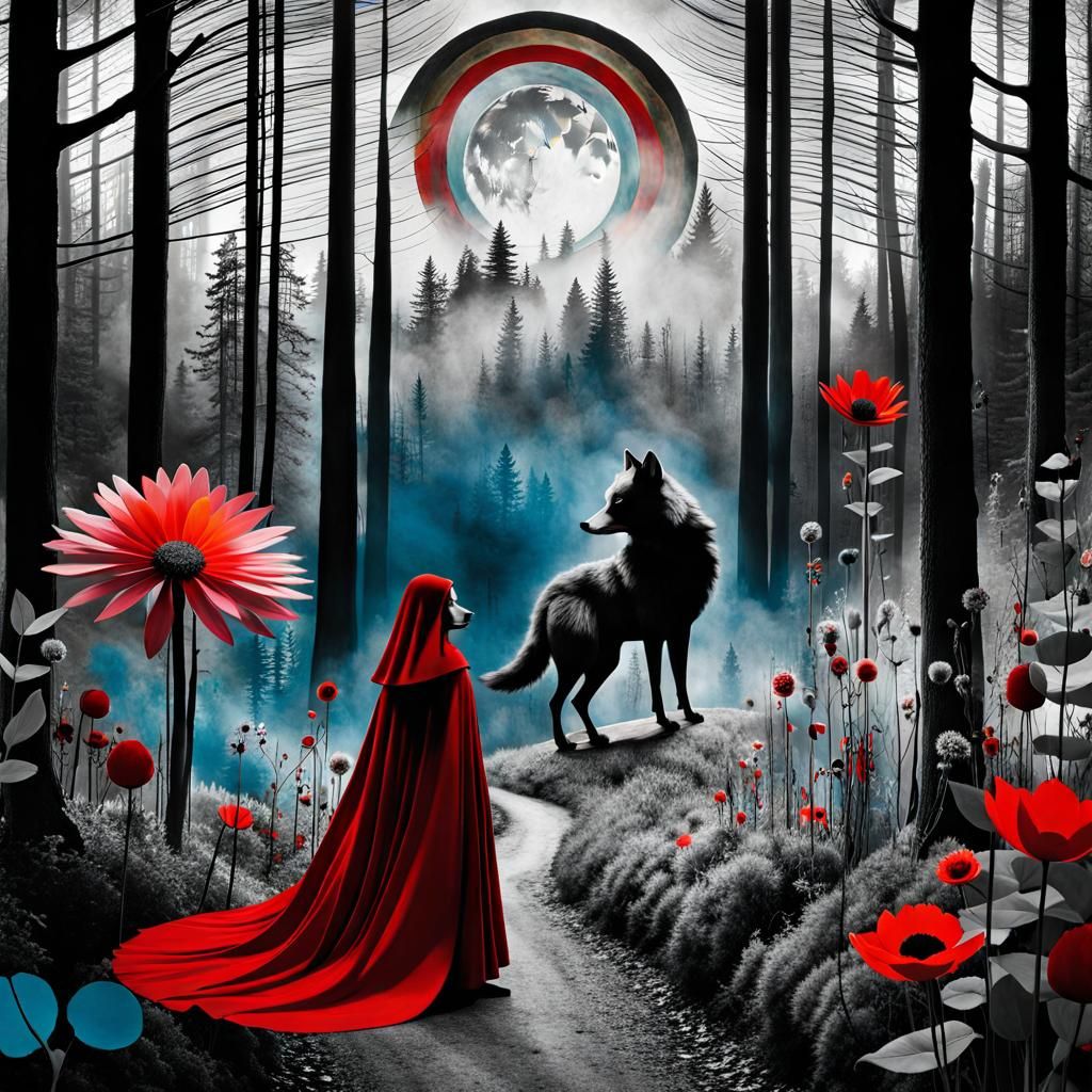Wolf and Red Ridinghood in Surreal Double Exposure