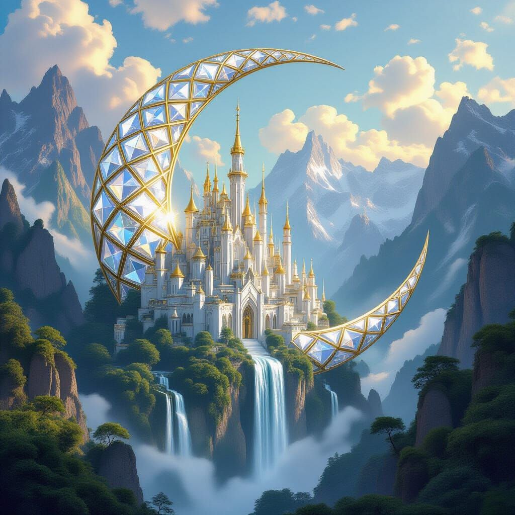 Fantasy City Growing Out of Diamond Crescent Moon