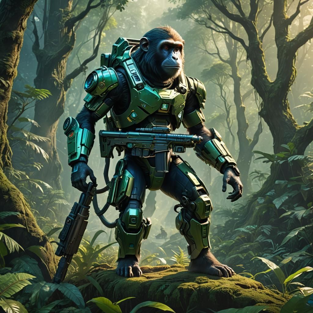 Monkey Sniper in Futuristic Exosuit: Fantasy Art