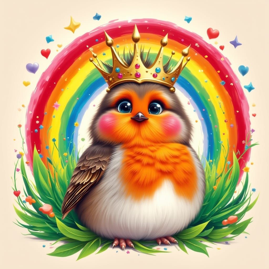 Robin Logo with Rainbow Crown in Simple Style