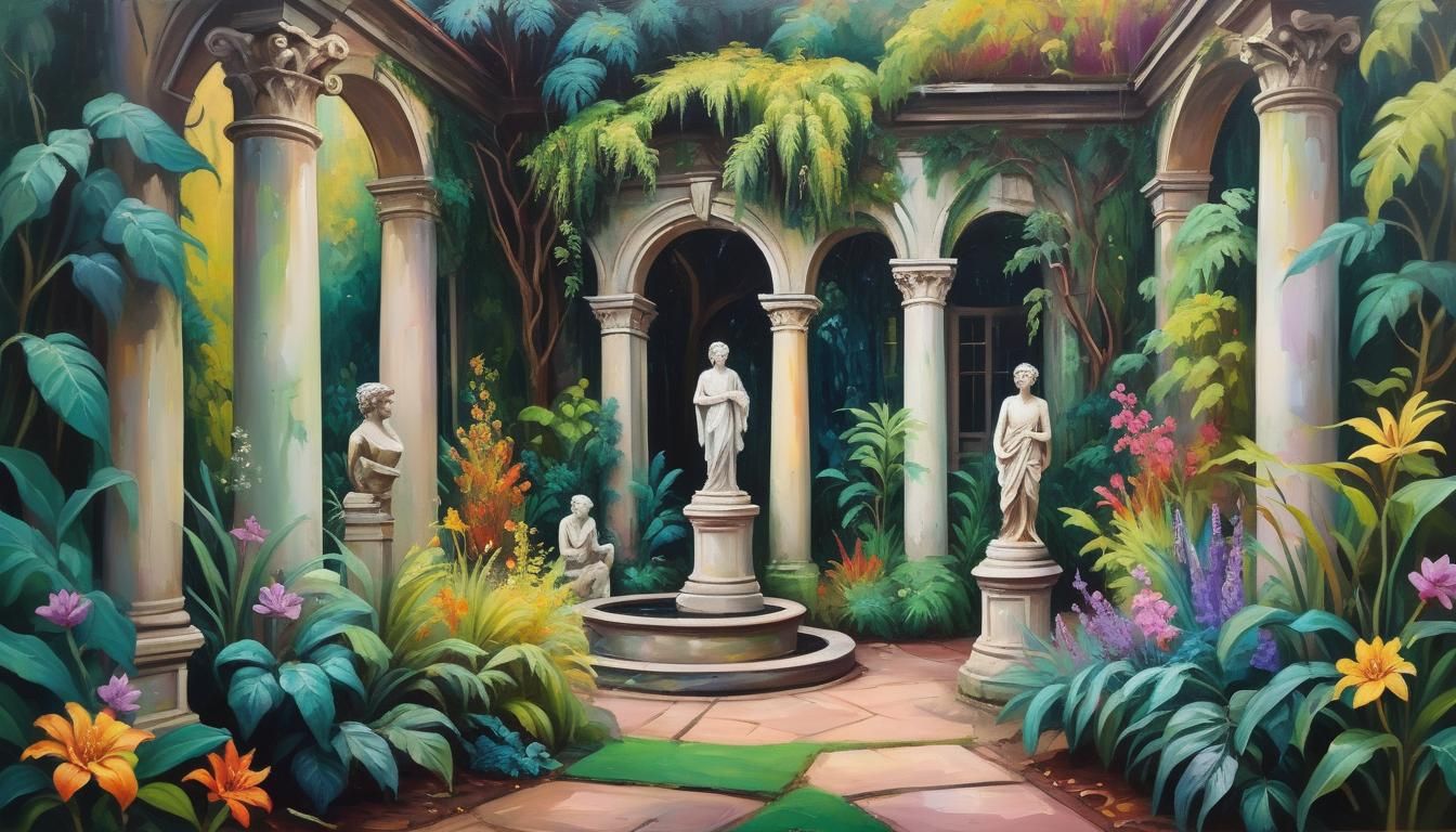 Overgrown Garden with Ancient Statues, in Expressionist Styl...