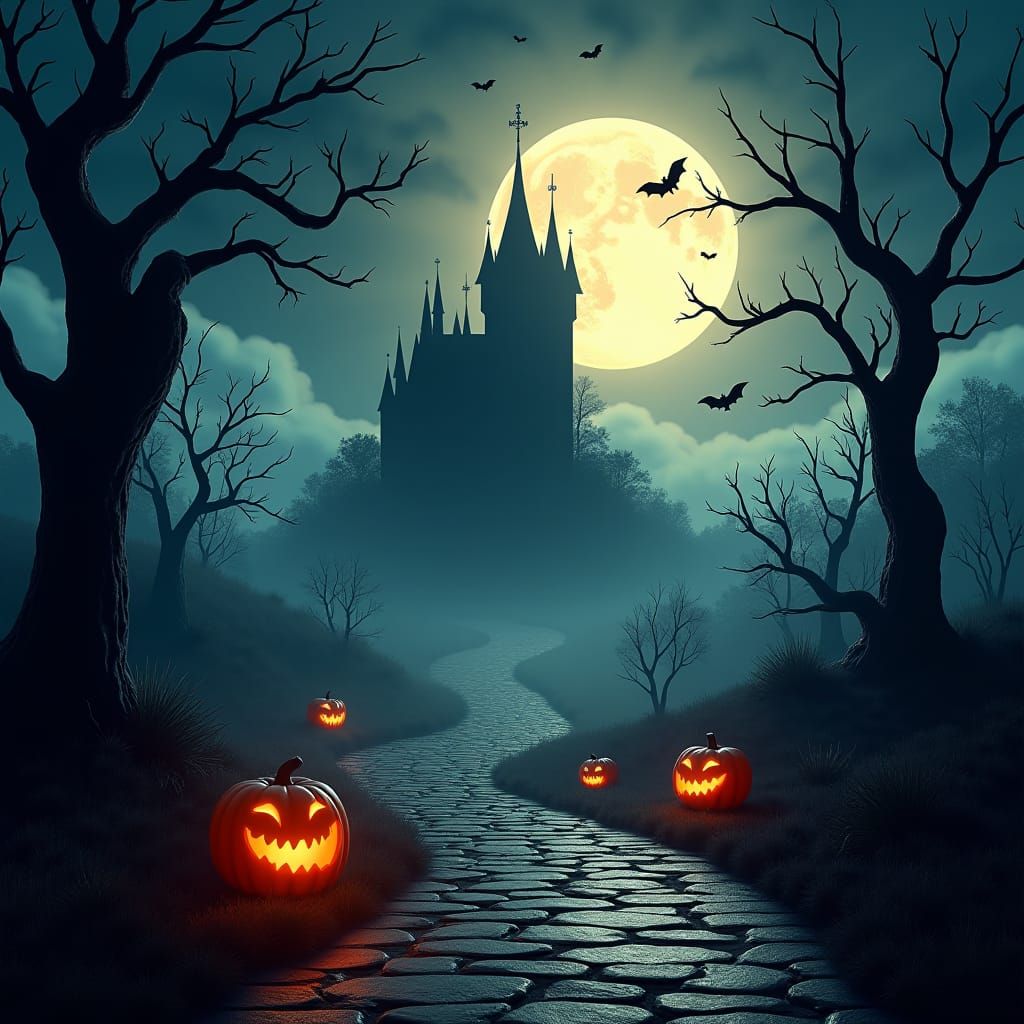 Ethereal Halloween Scene with Gothic Castle