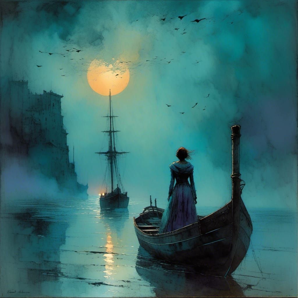 Mystical Soul's Voyage in Moonlight: Watercolor Art