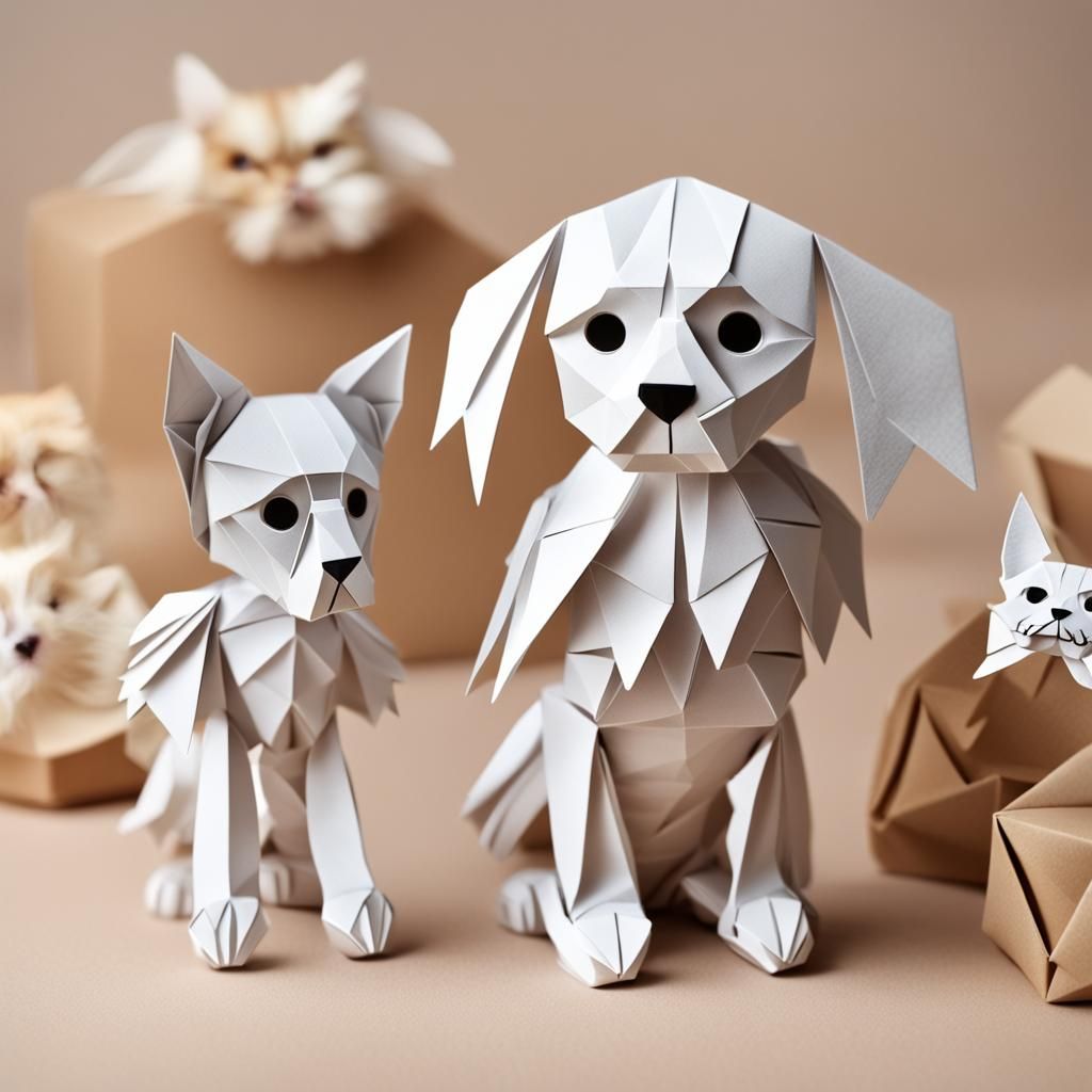 Angel Puppy and Kitten Skeletons in Origami Style