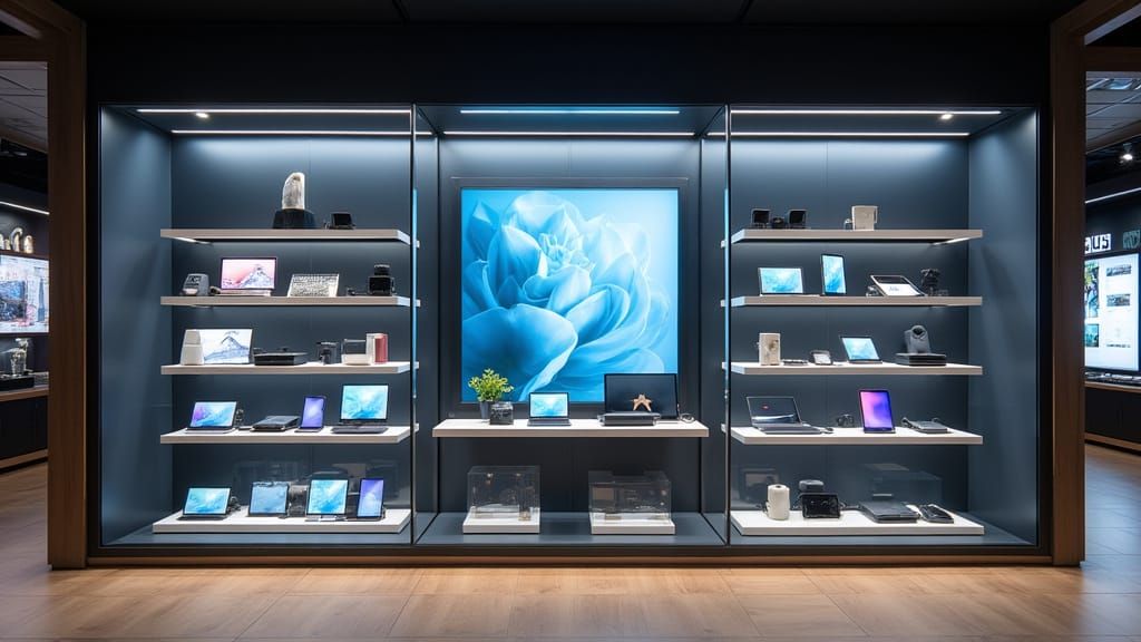 Modern Tech Store Vitrine with Sleek Gadgets