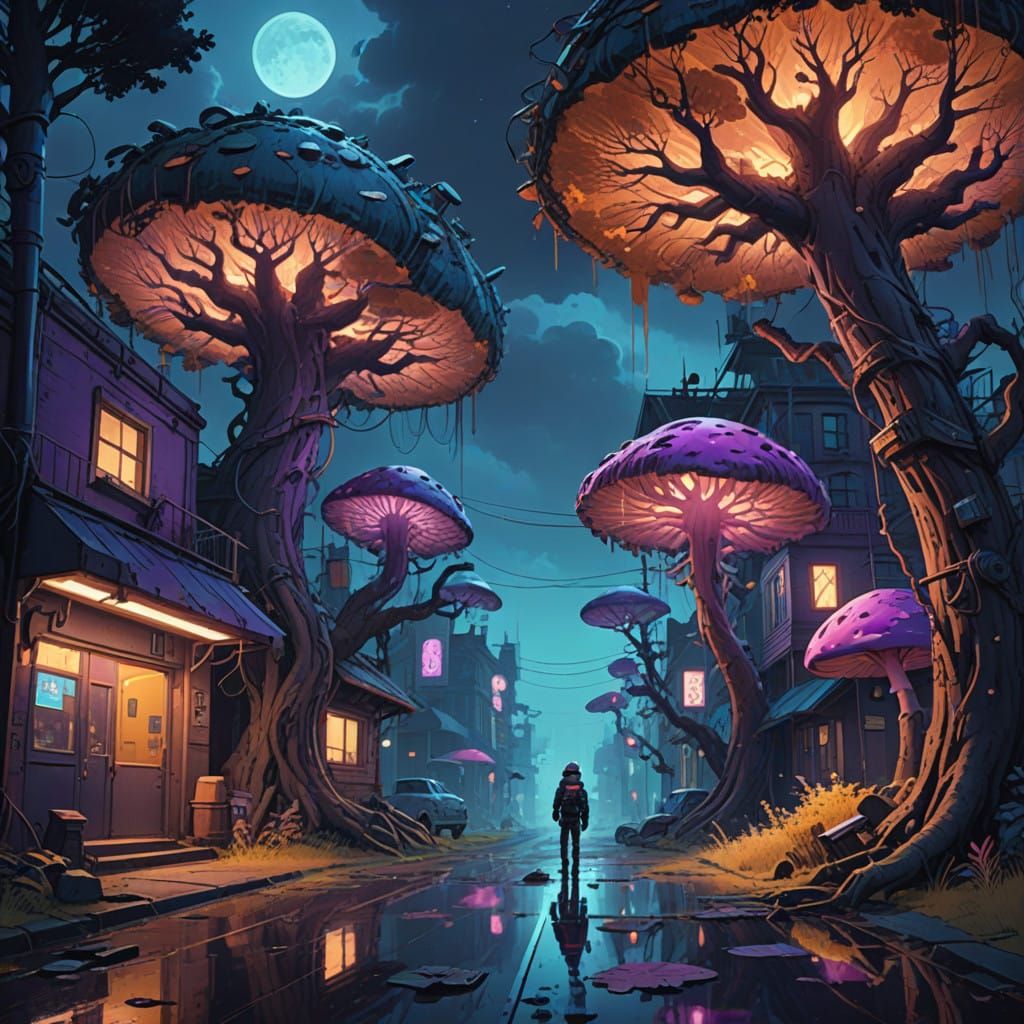 Post-Apocalyptic Street Scene in Vibrant, Fantastical Colors