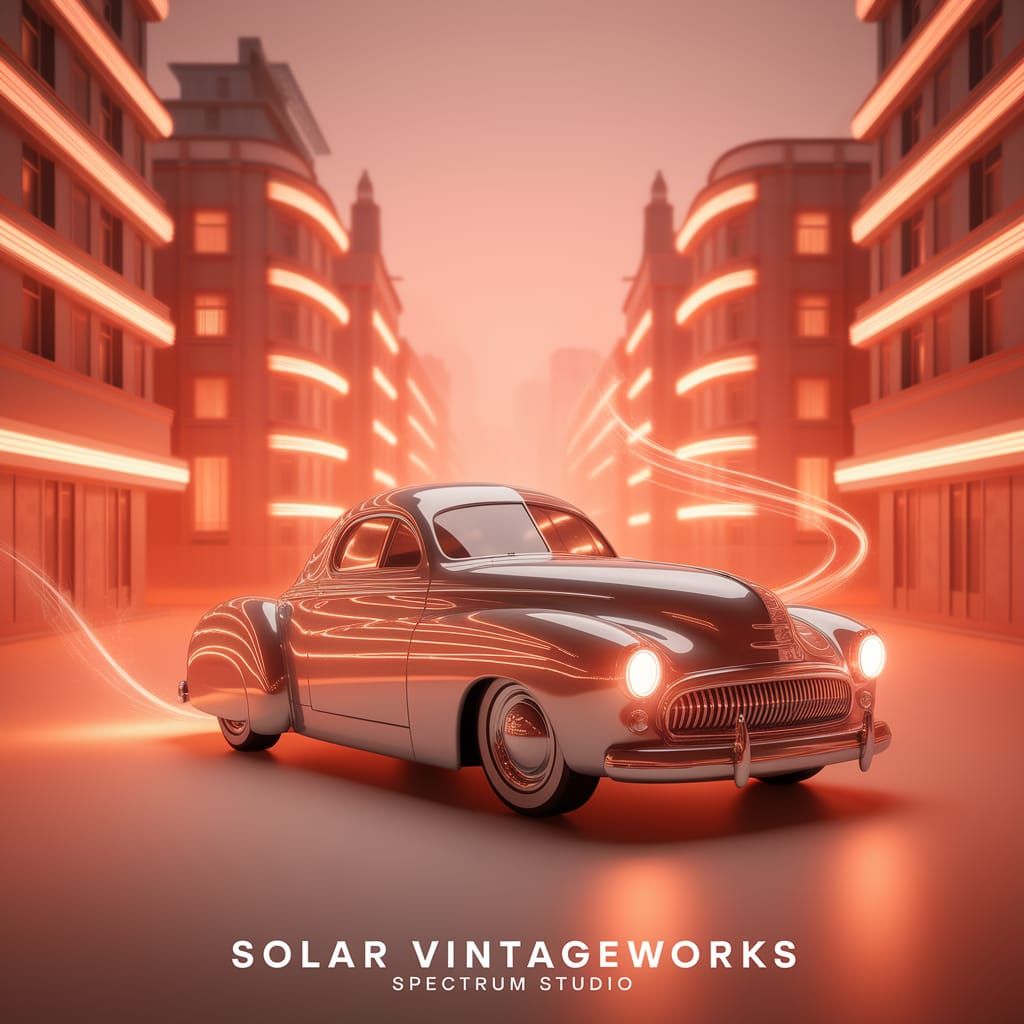 Retro Futuristic Chrome Structure in Warm Orange Glow