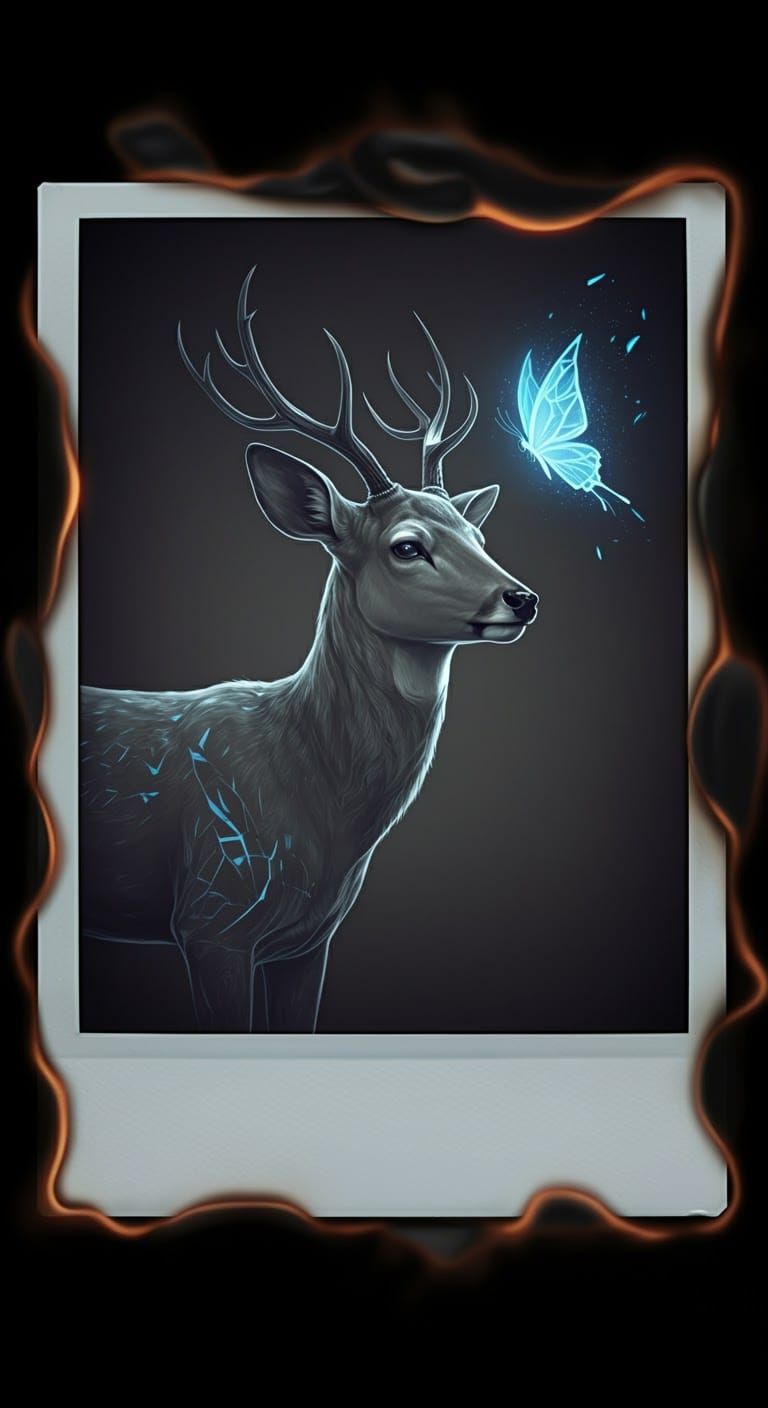 Ghost Doe with Butterfly in Scorched Polaroid Frame