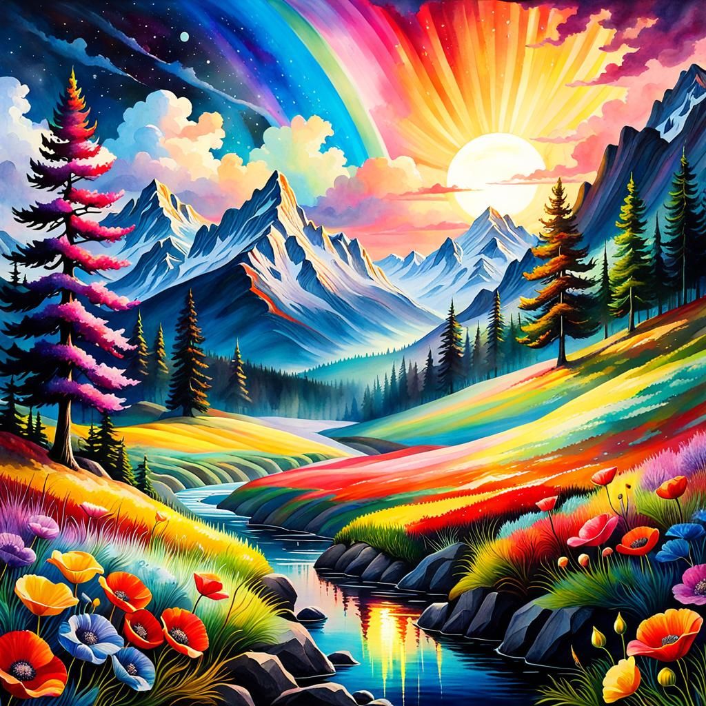 Rainbow Landscape Painting in Graffiti Art Style