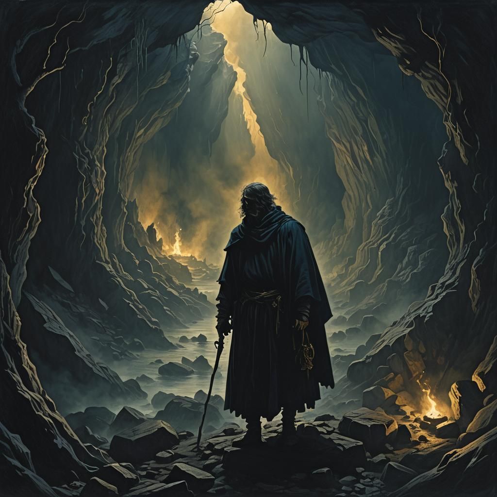 Dark Fantasy Figure at Cave Entrance