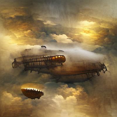 An airship flying through dense clouds steampunk concept art...