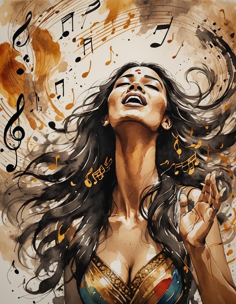 Woman Singing with Flowing Music Notes in Ink Art