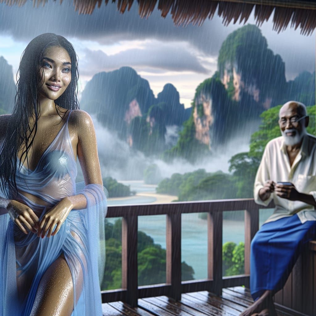 Woman on Balcony in Rain, Detailed Matte Painting