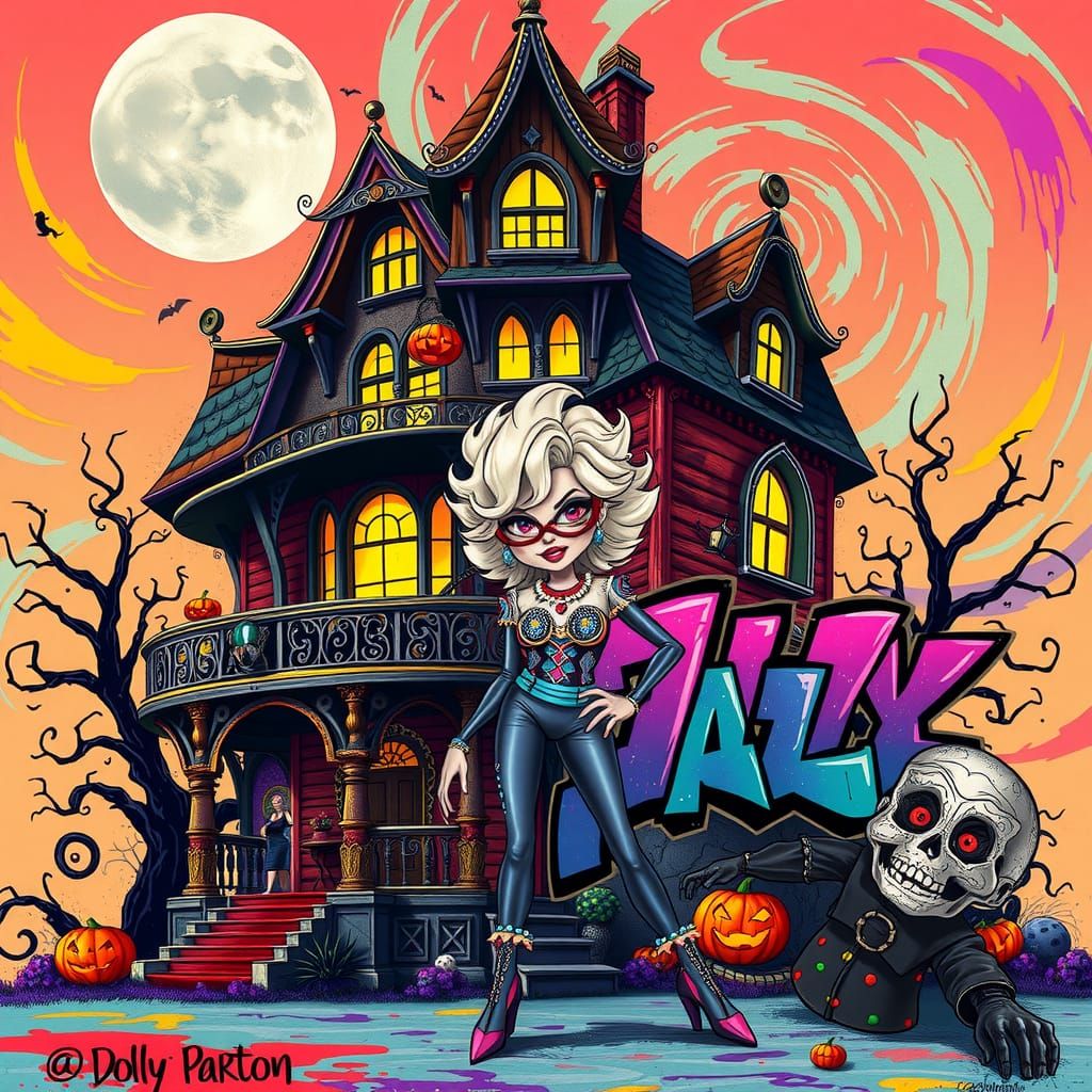 Watercolor of a cartoon Haunted house and Dolly Parton.