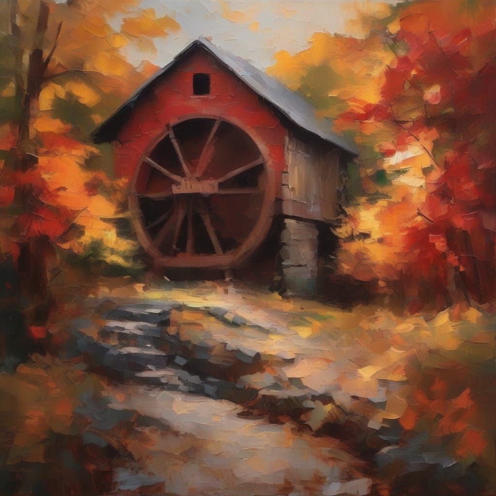 Rustic Gristmill in Vibrant Autumn Sunset Impasto Oil Painti...