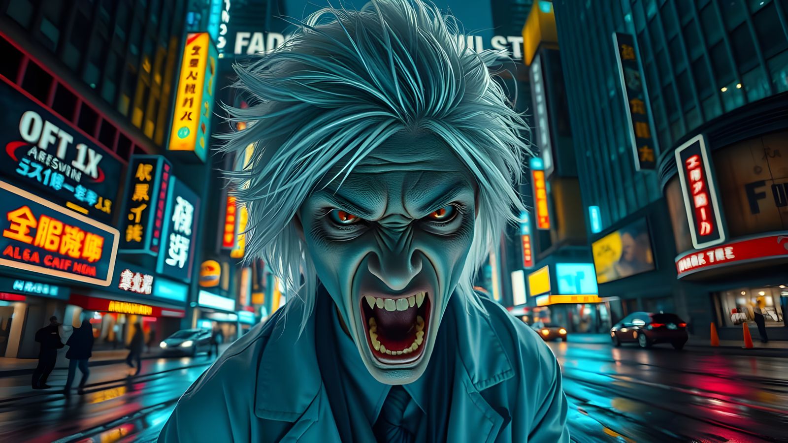 Cyberpunk Vampire Emerges from Dark Cityscape