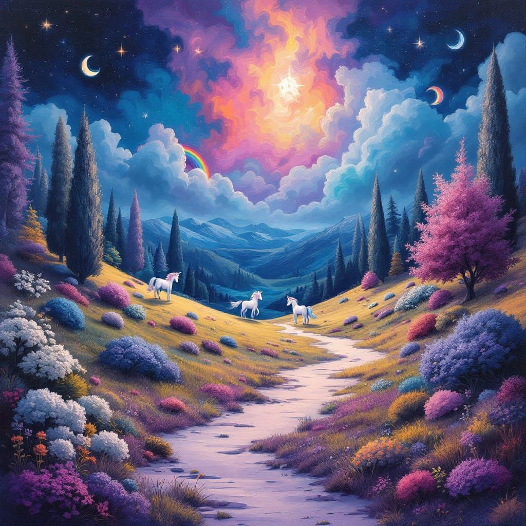 Whimsical Rainbows and Unicorns in a Dreamlike Landscape