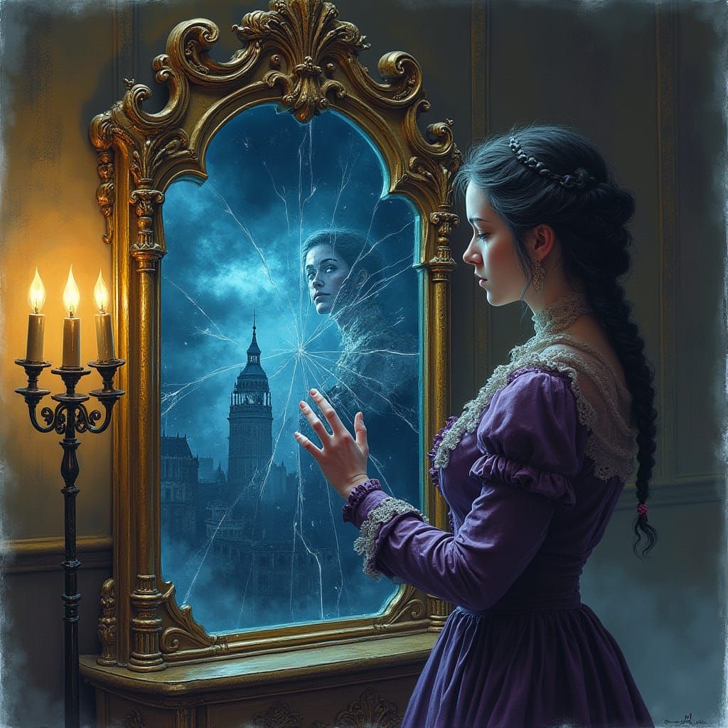 Dark Fantasy Surrealism: Woman Confronts Distorted Reflectio...