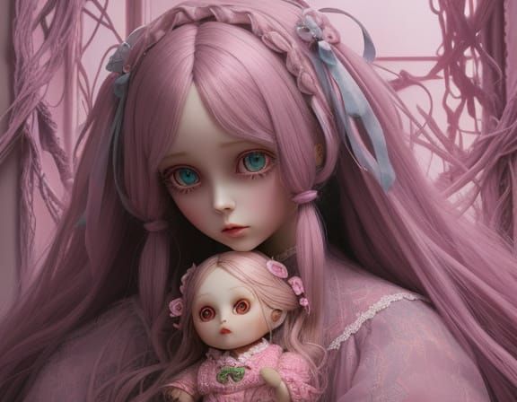 Creepy Doll in Pastel Nursery, Surreal Digital Art