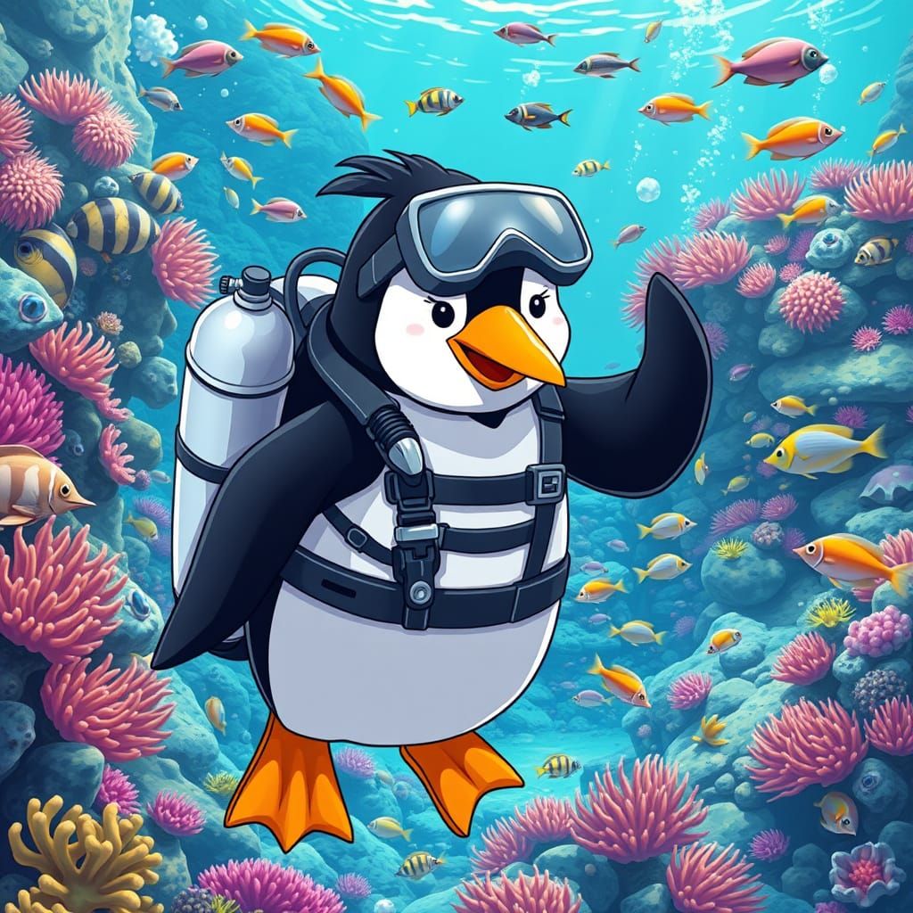 Penguin Diver Explores Vibrant Coral Reef in Anime-Inspired ...