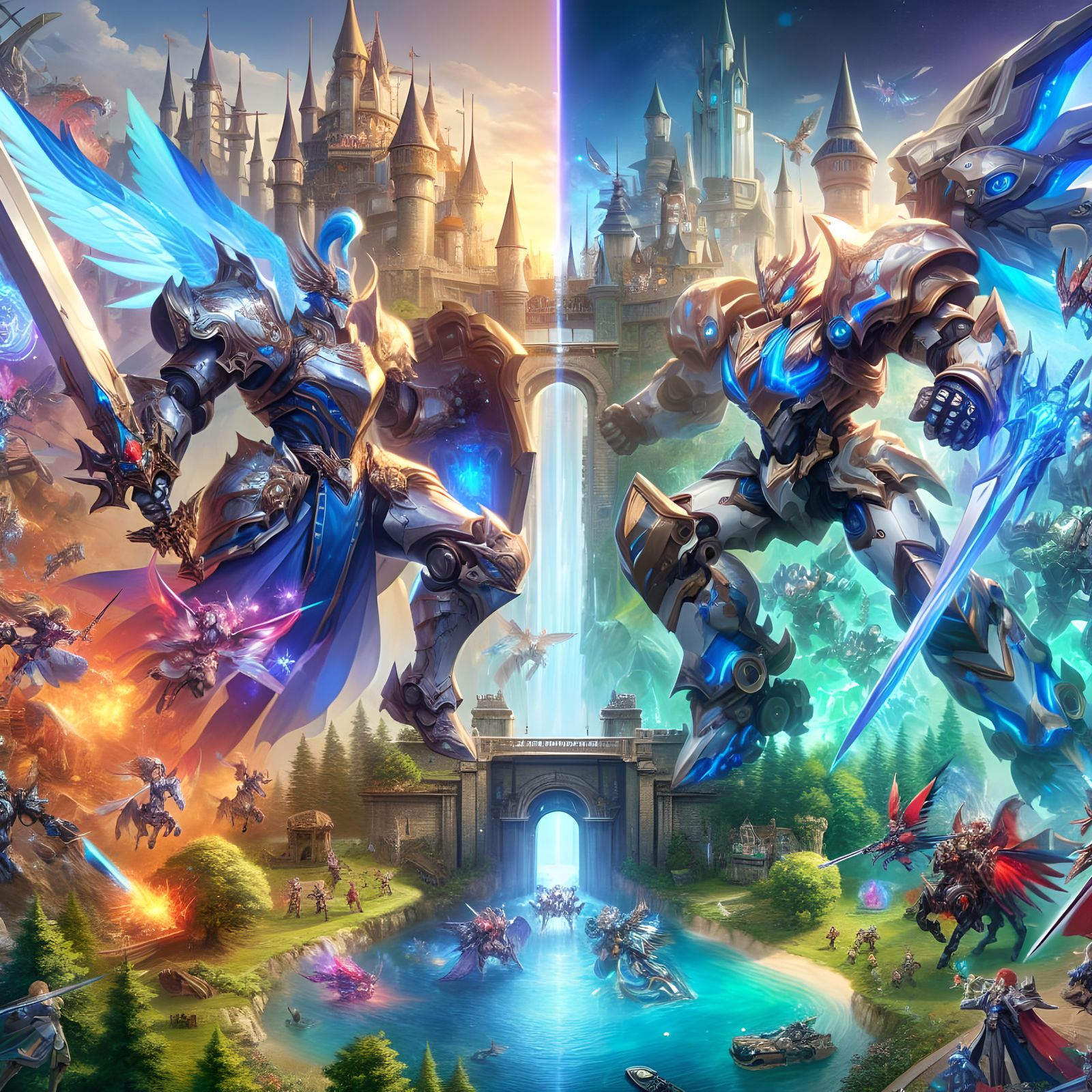 Fantasy Knights Versus Sci-Fi Robots in Manga Style