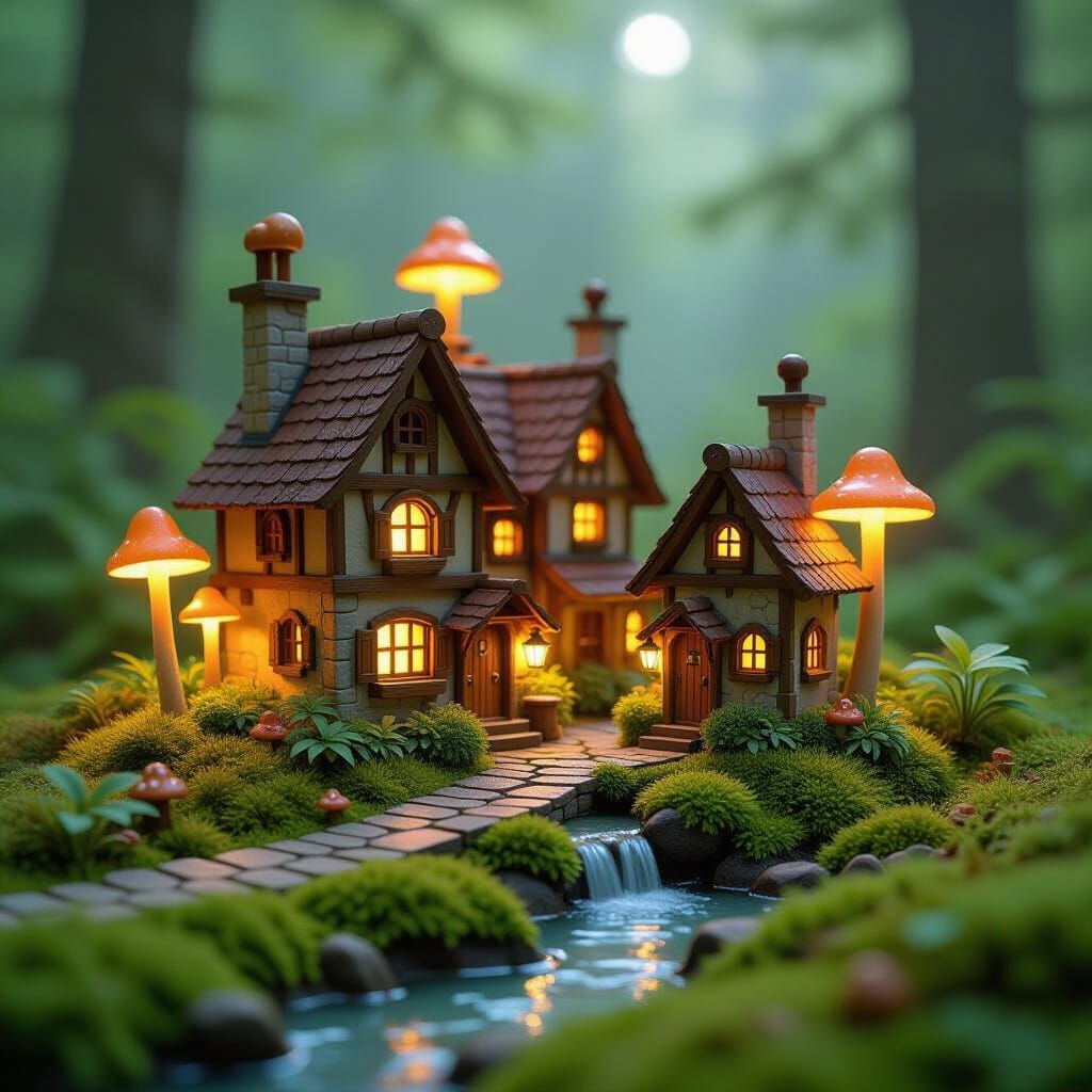 Whimsical Wooden Block Village on Forest Floor