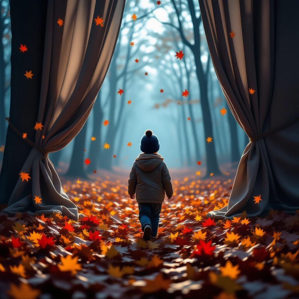 Surreal Forest Scene: Boy on Giant Leaves