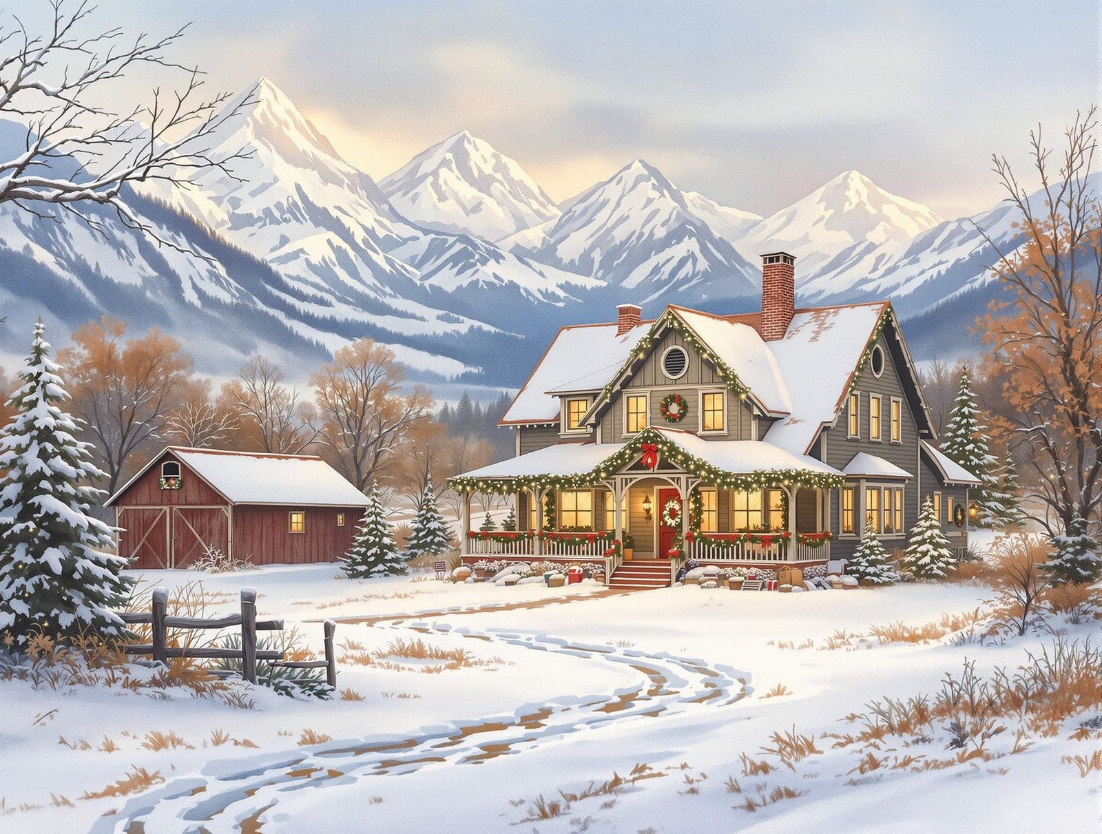Nostalgic Christmas Farmhouse in Watercolor Style