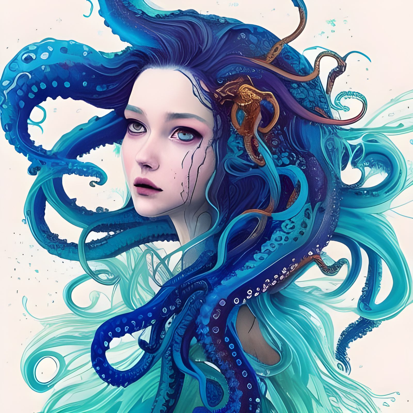 Blue-Haired Girl with Squid in Watercolor Style