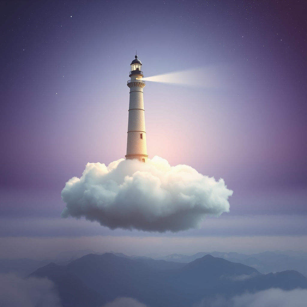Surreal Lighthouse on Cloud Floating in Dreamscape