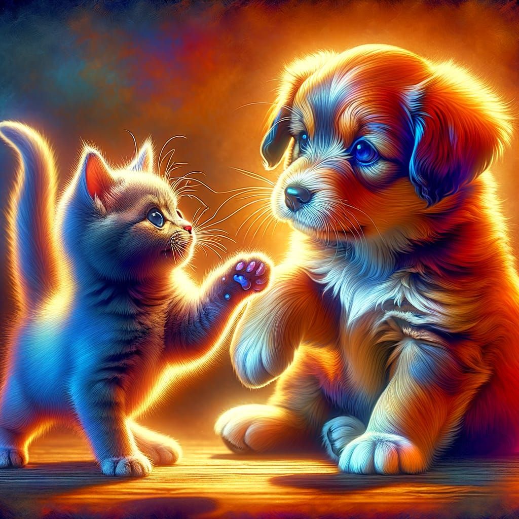 Kitten and Puppy Play in Tetradic Colors