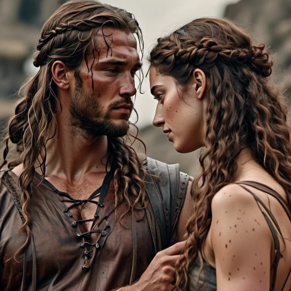 Dionysus and Ariadne on Battlefield in Hyperrealism